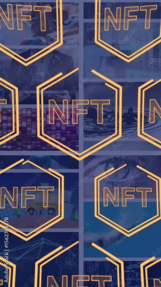 Poster animation of nft in hexagons over diverse photos in background