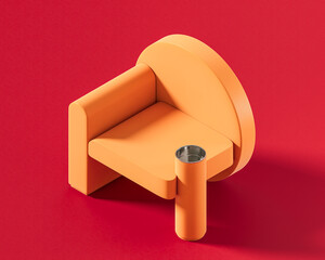 A contemporary, single orange color armchair with a sleek, minimalist design, showcasing a continuous loop-shaped backrest and armrests on a red background, perfect for modern interiors, 3d rendering