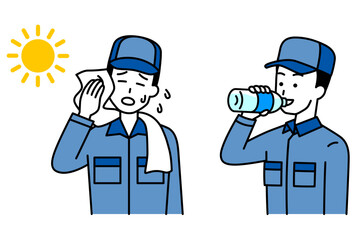 熱中症対策をするつなぎ作業服の男性　セット