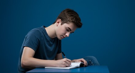 Obraz premium A young student in casual clothes sits at a desk, leaning slightly forward while writing in a notebook