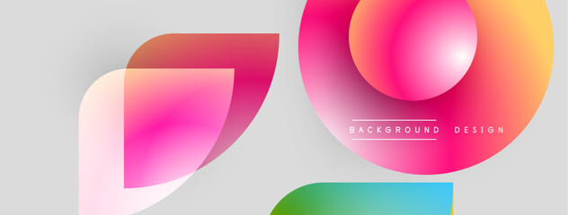 Abstract geometric shapes overlap. Gradient colors create modern visual effect. Light gray background provides contrast. Minimalist design elements present.