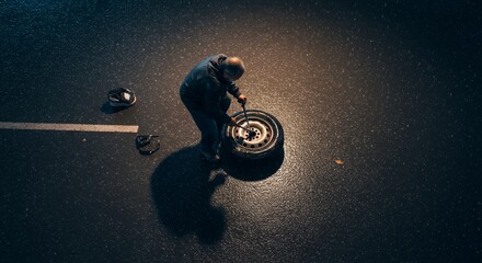 Solitary man struggles with a flat tire on a rain-slicked road at night, illuminated by a single light source.