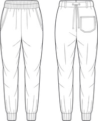 Jogger pants flat CAD drawing vector illustration with pockets drawstring elastic waistband rib cuff back pocket fashion sketch template