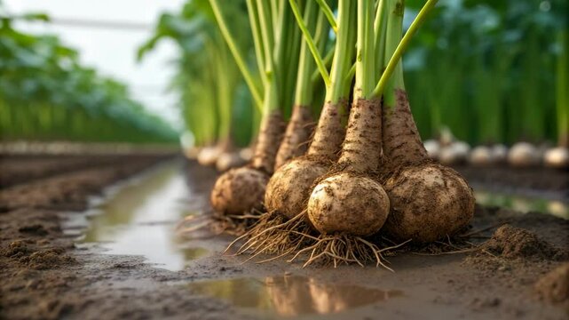 Explore a row of sugar beets in a greenhouse, showcasing root vegetables growing in rich soil, perfect for agriculture and harvest projects, highlighting farm fresh produce.
