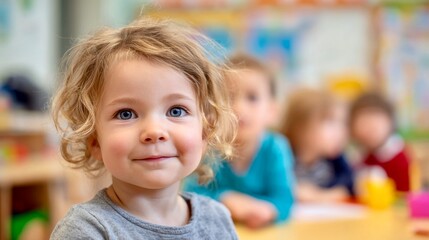 Obraz premium Smiling toddler with curly blonde hair and blue eyes in a colorful classroom setting, surrounded by other young children, symbolizing early childhood education and happiness.