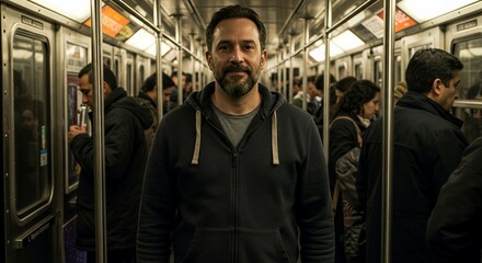 A pensive man stands on a crowded car, lost in thought amidst the urban blur.