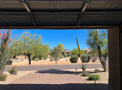 View of Arizona neighborhood through oen garage door