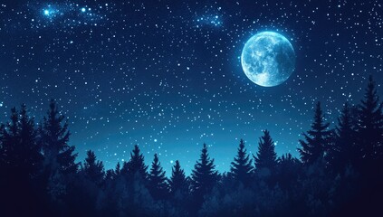 Nighttime forest scene with a full moon