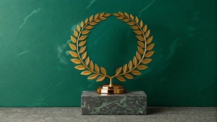 Gleaming gold laurel wreath perched atop a gray marble pedestal, symbolizing victory and achievement against a background of deep green, suitable for awards or promotions. - Powered by Adobe