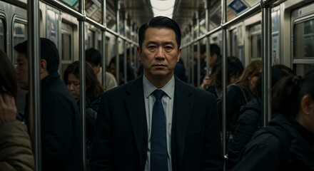 A man in a dark suit stands pensively amidst a crowded car, his serious expression hinting at a weighty secret or impending decision.