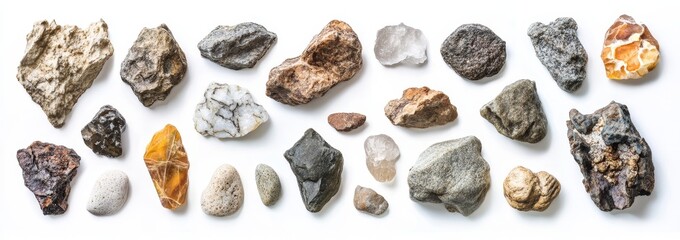 Collection of various rocks and stones on white background.