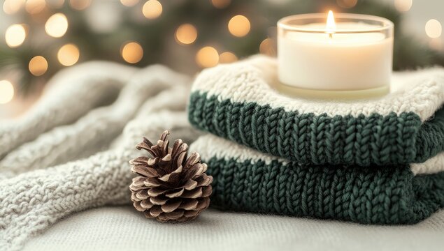 Cozy winter scene with knitted sweaters, candle, and pine cone