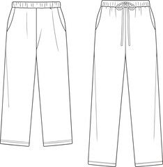 Women pajama pants technical CAD drawing flat vector illustration with pockets, drawstring waistband, relaxed comfortable sleepwear fashion design sketch