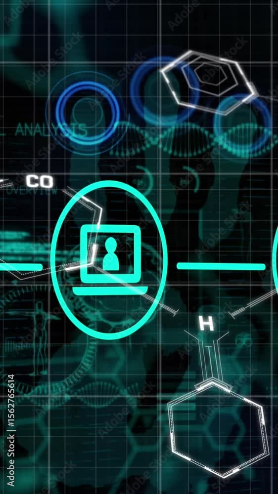 Poster animation of network of connections and data processing over chemical formula on black background