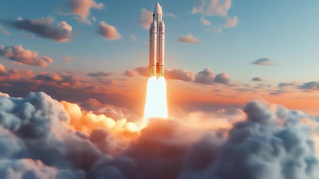 A rocket blasts off above clouds at sunset