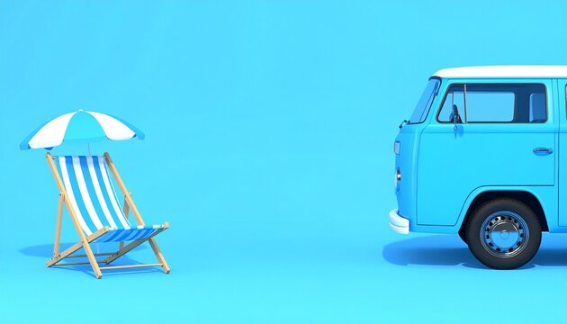 Summer Vacation Beach Chair, Umbrella, and Retro Blue Van