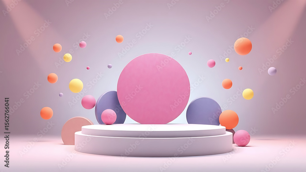 Poster 3D Abstract Podium with Colorful Floating Spheres and Soft Lighting Minimalist Product Display Background