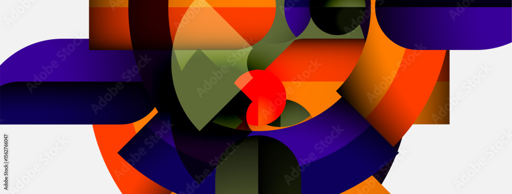 Poster Abstract composition featuring vibrant shapes, colors blend. Dynamic interplay creates modern visual experience. Smooth gradients dominate design.