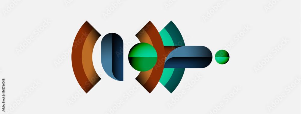 Poster Abstract shapes overlap, creating dynamic composition. Colors blendbrowns, greens, blueson white background. Modern design evokes movement, depth.