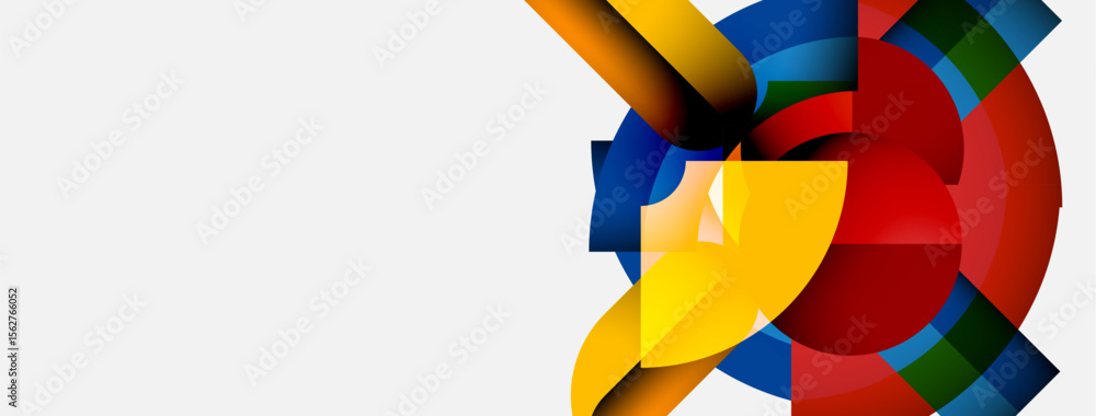 Poster Abstract colorful shapes overlap, creating dynamic visual composition. Bright hues dominate white background. Modern design element.