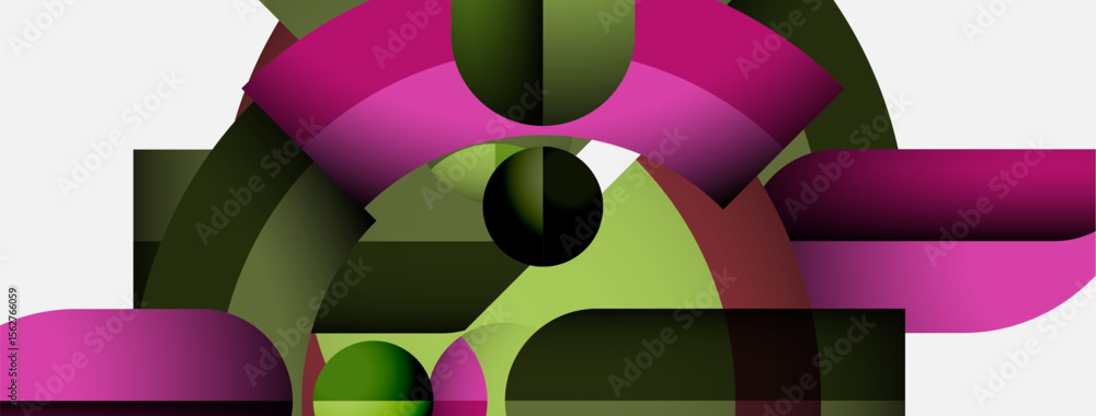 Fototapete Abstract composition featuring curved shapes, pinks, greens, dark tones. Minimalist design with overlapping forms creating visual depth.