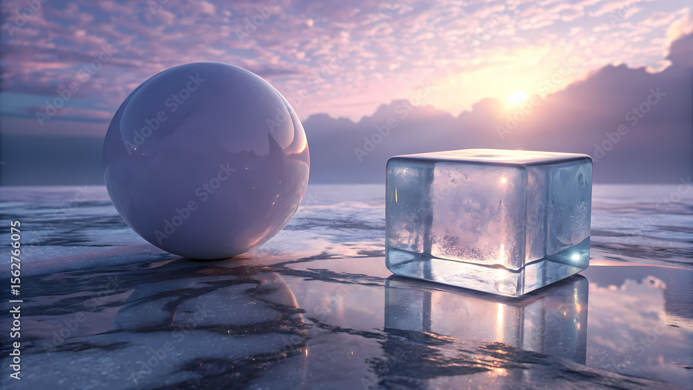 Fototapete sphere and ice cube on reflective surface at sunset landscape abstract art photography background im