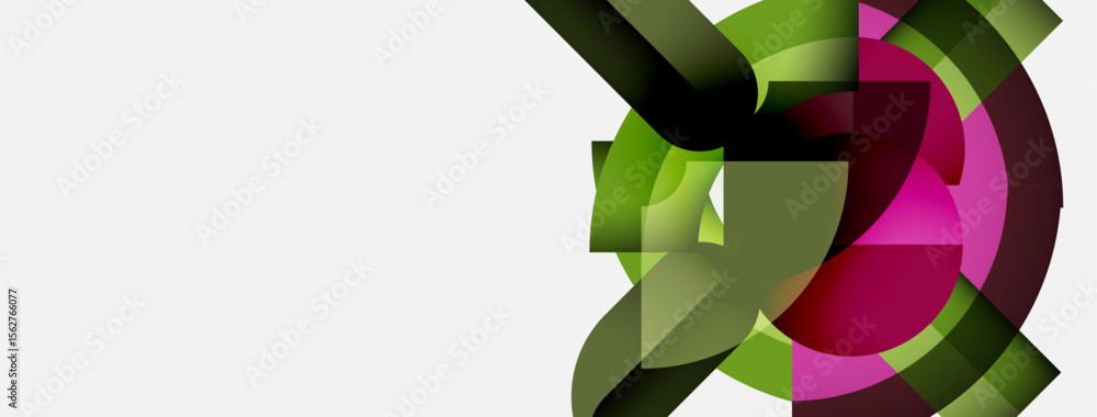 Poster abstract design features overlapping circular shapes, vibrant greens, pinks, dark shades. minimalist