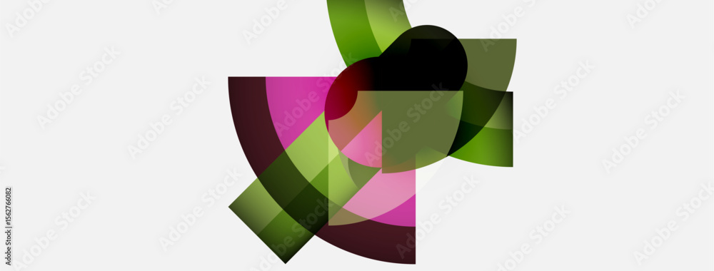 Poster Abstract composition. Overlapping shapes, pinks, greens, black create dynamic visual effect. Minimalist design, clean background.