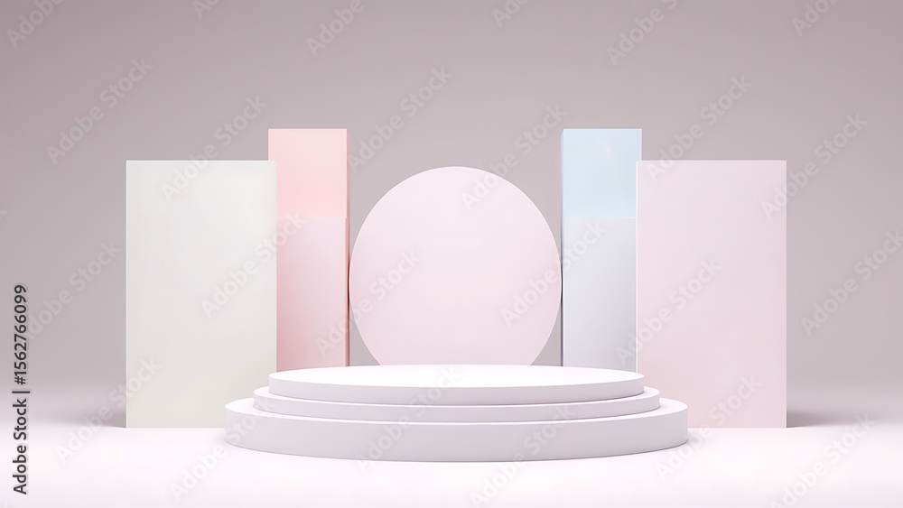 Poster pastel geometric 3d render minimalist product display podium with blocks and circles