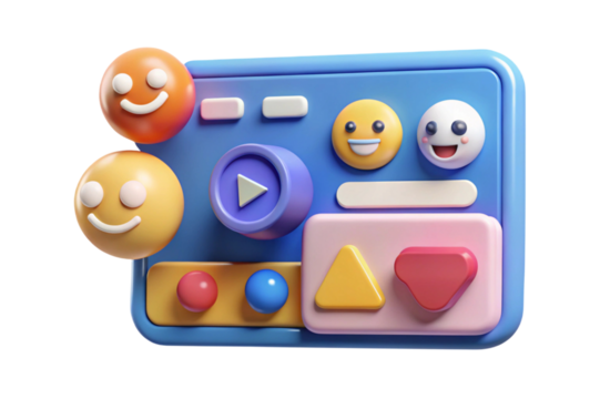 3d cartoon interface with happy emojis and play button isolated on transparent background