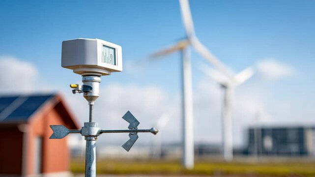 Wind sensor weather station and wind turbine for renewable energy measurement technology, clean energy outdoor solutions blue sky, sustainable environment, modern monitoring, and green innovation