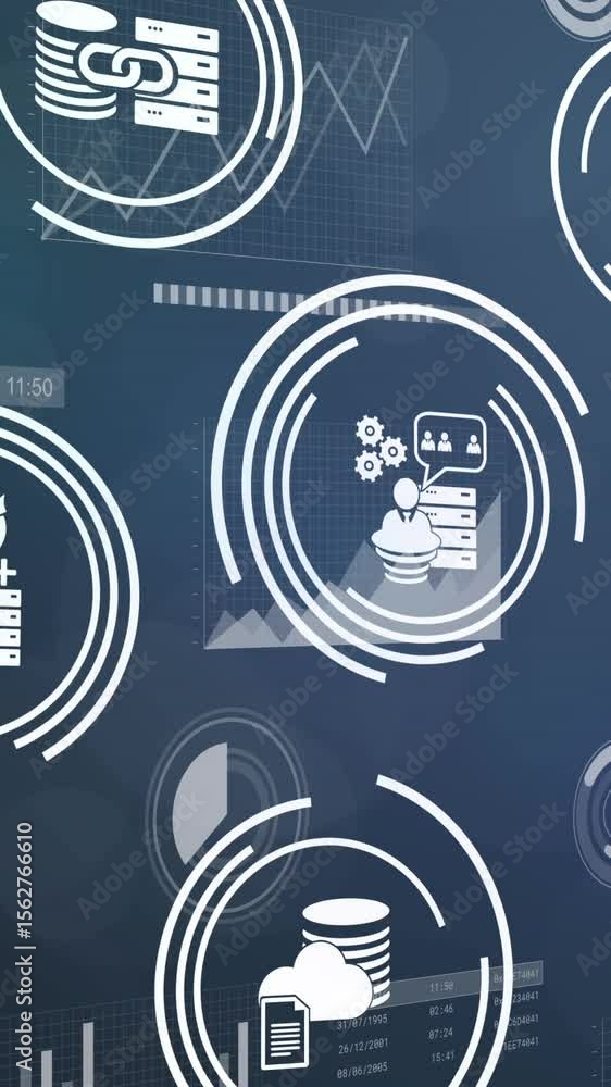 Aufkleber animation of icons and data processing on black background