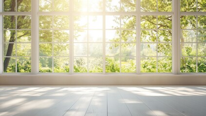Sunlight streams through a large window, illuminating a bright, empty room