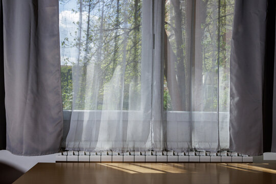Fototapeta View from the window through a curtain