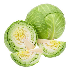 Fresh green cabbage whole and sliced showing crisp layers isolated on transparent background