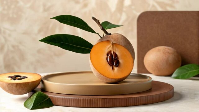 Showcase of sapodilla fruit with green leaves, highlighting its sweet flavor and unique texture, perfect for culinary creations and promoting healthy eating habits.