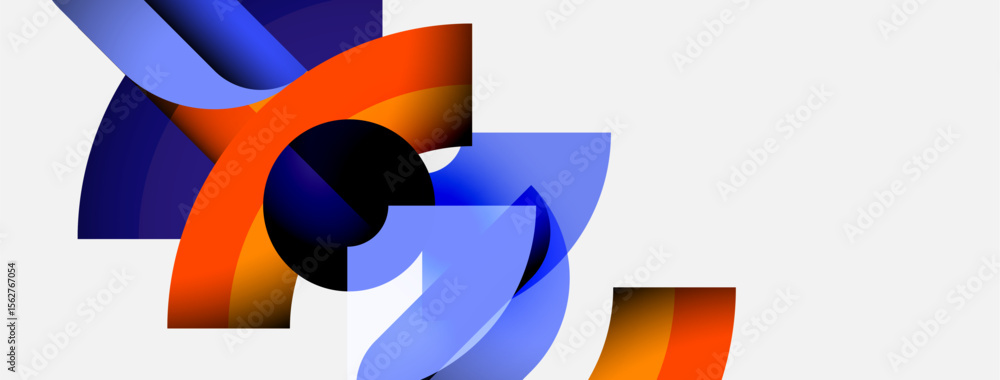 Poster abstract shapes overlap, creating vibrant color gradients. blue, orange hues dominate composition. m