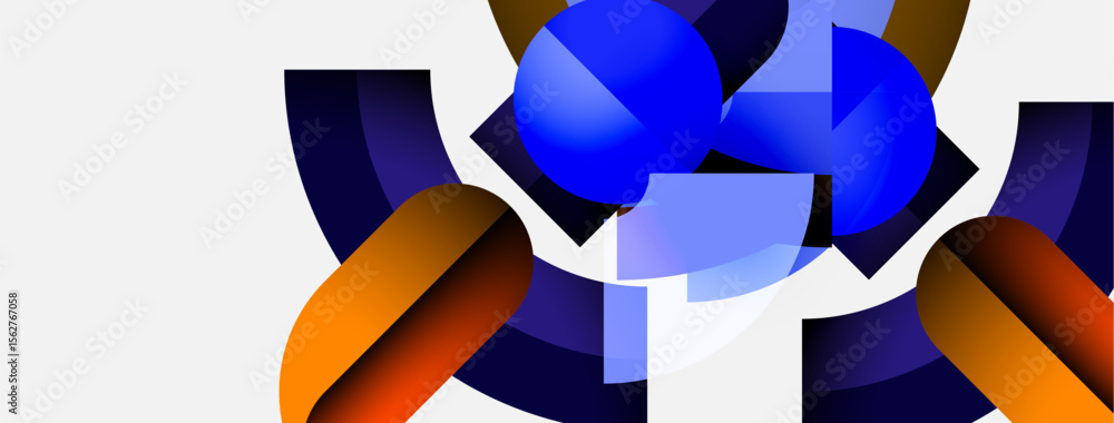 Poster abstract geometric shapes, vibrant blues, oranges dominate composition. minimalist design, clean lin