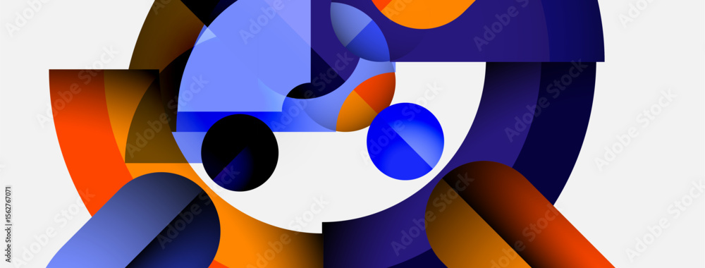 Poster Abstract geometric composition. Overlapping shapes create dynamic visual interest. Blue, orange, black dominate palette. Modern design.