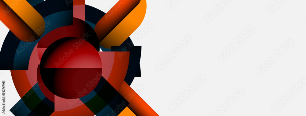 Poster Abstract geometric shapes overlap, creating vibrant color patterns. Red sphere dominates central area, orange arcs extend outward. Minimalist design.