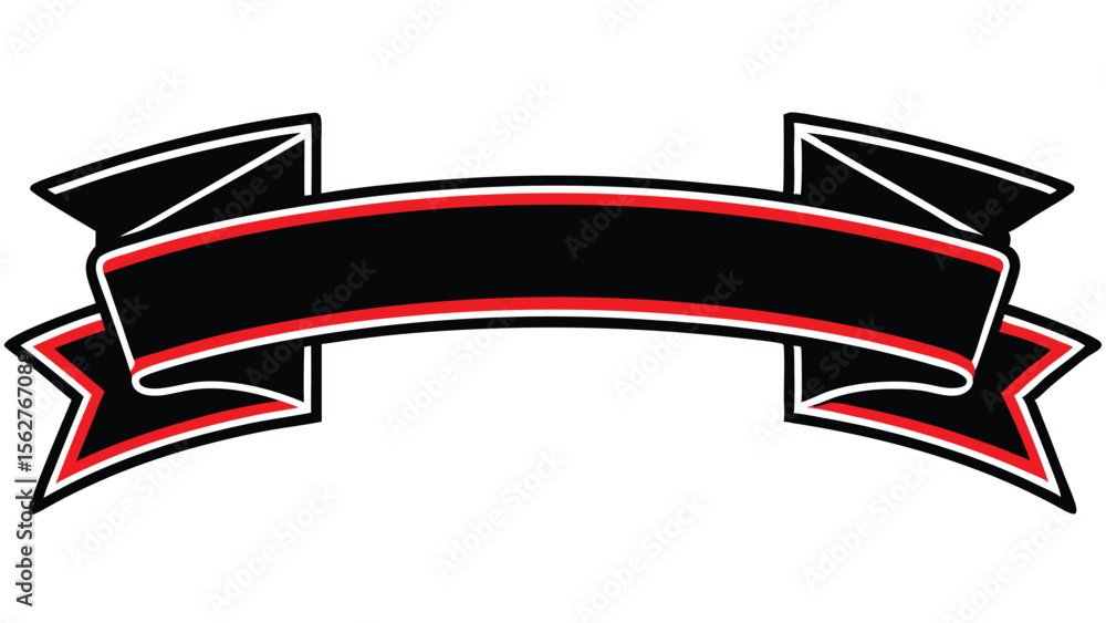 Poster a black banner with red and white accents, featuring folded edges and a curved shape for text displa