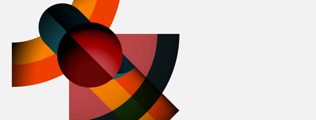 Abstract composition features overlapping colorful arcs, circles. Red sphere dominates center, orange hues radiate outward. Minimalist design.