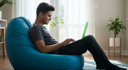 Relaxed young man works remotely from home, comfortably seated in a beanbag chair using a laptop.