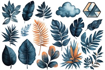 A collection of artistic botanical illustrations featuring various leaves and a cloud