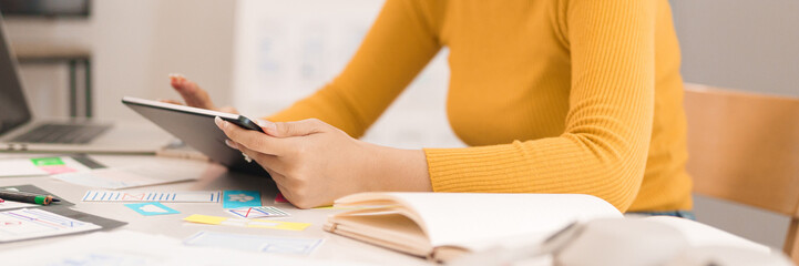 UI UX Designer Asian Woman Hands Using Tablet for Mobile App Website Design Process User Interface...
