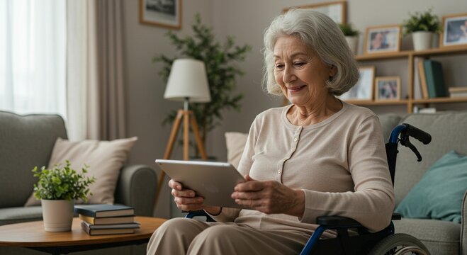 Elderly woman using tablet in wheelchair - Powered by Adobe