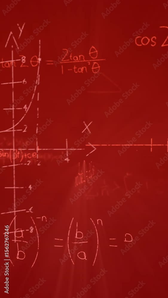 Poster animation of mathematical formulae with data processing and information flowing on red background