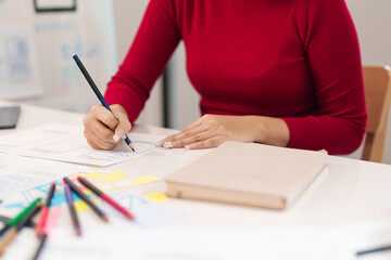 UI UX Designer Asian Woman Designing Mobile App Interface Website Wireframe Sketching User Experience Design Process Hands On Paper With Pencil