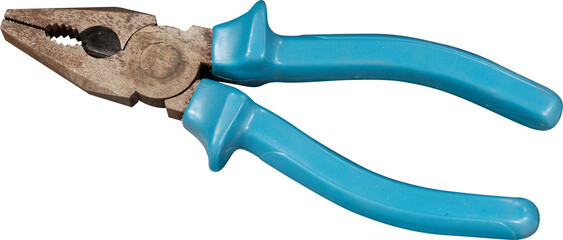 Close-up of blue-handled pliers on a white background.