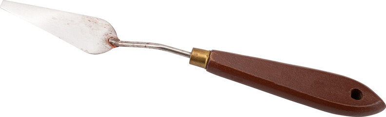 Stainless steel spatula with a wooden handle for culinary use.